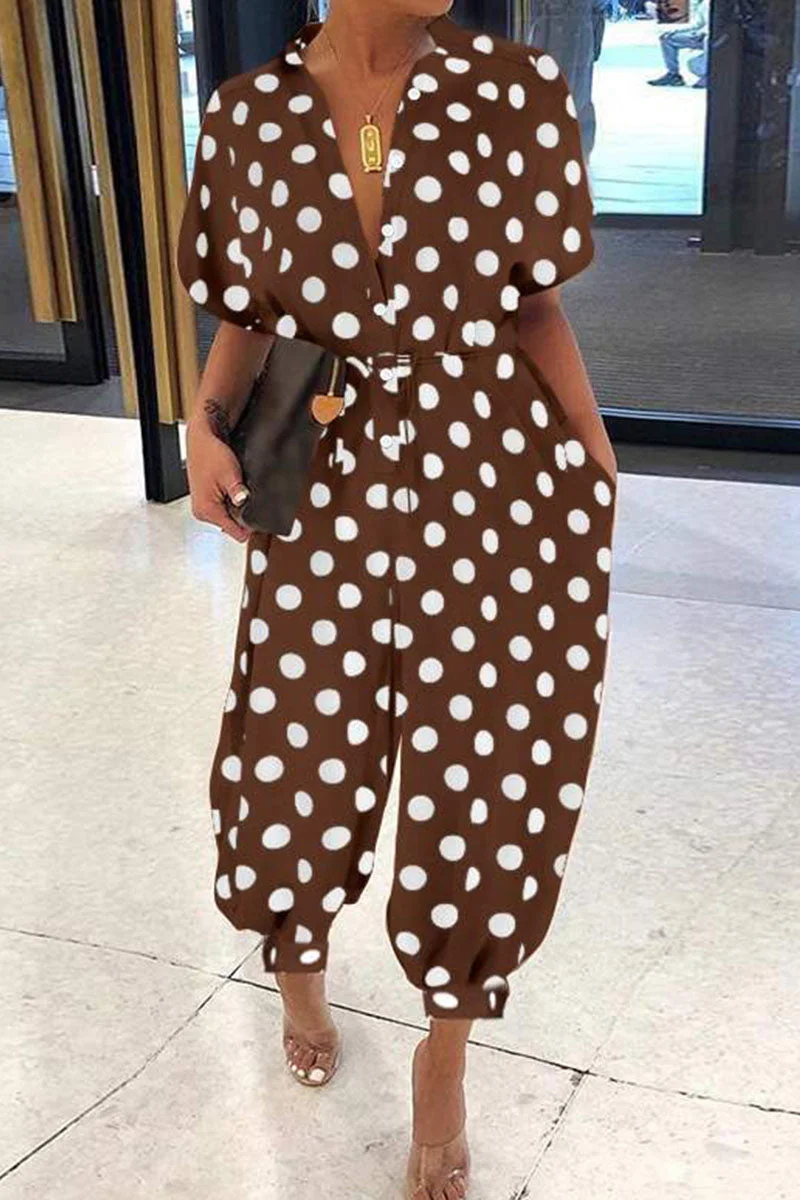 Casual Print Split Joint Buckle Turndown Collar Loose Jumpsuits
