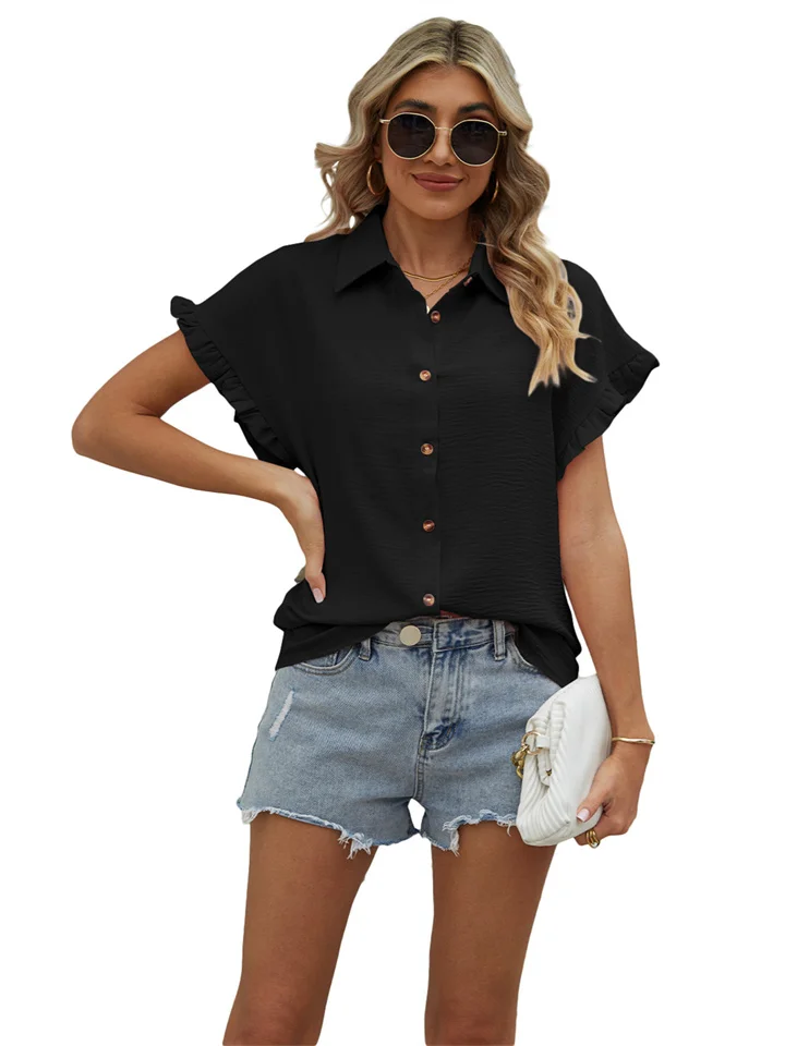 Loose Short-sleeved Chiffon Shirt Women's New Summer Solid Color Lapel POLO Collar with A Hundred Buttons Cardigan Shirt-Cosfine