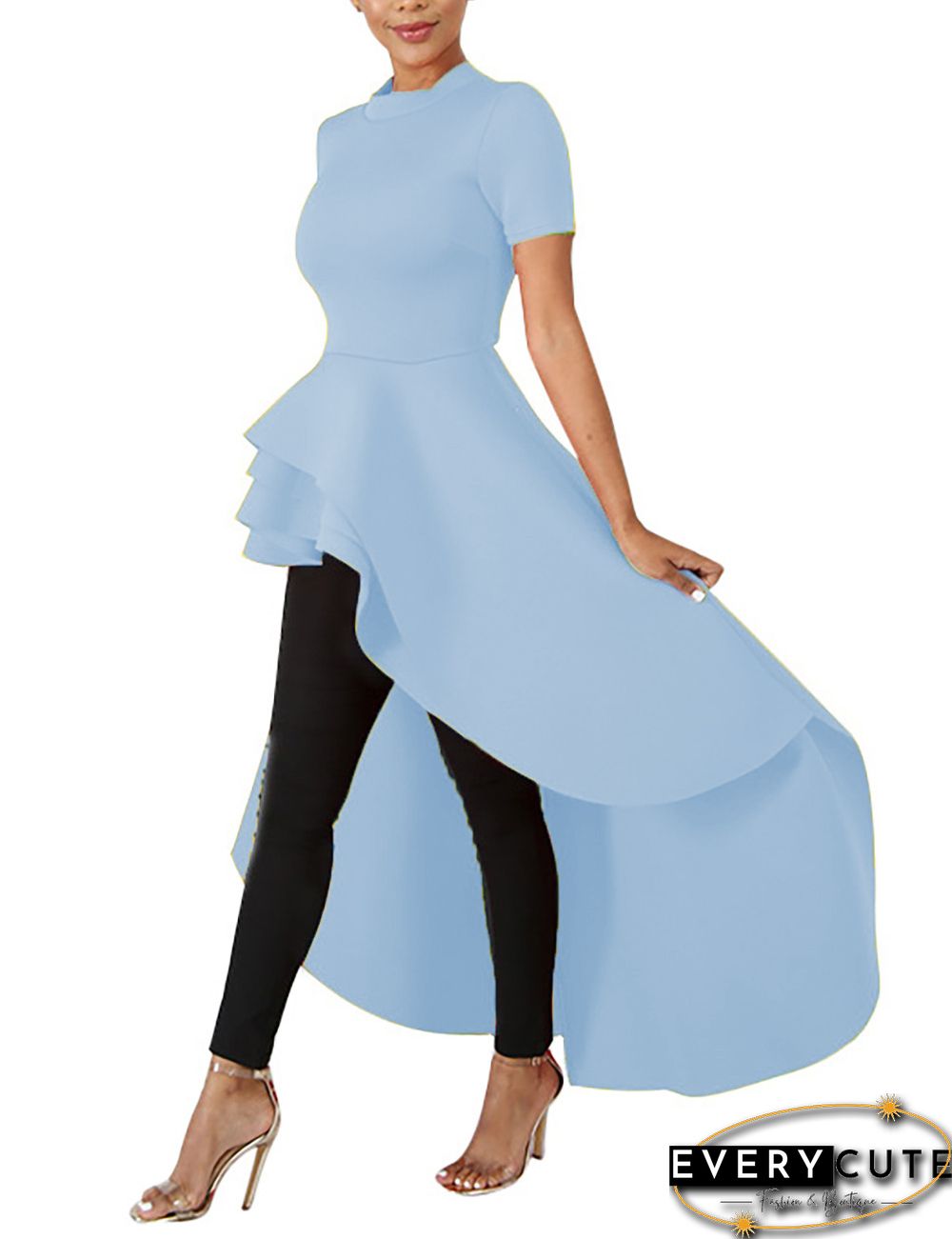 Light Blue Ruffles Hem Short Front Evening Dress