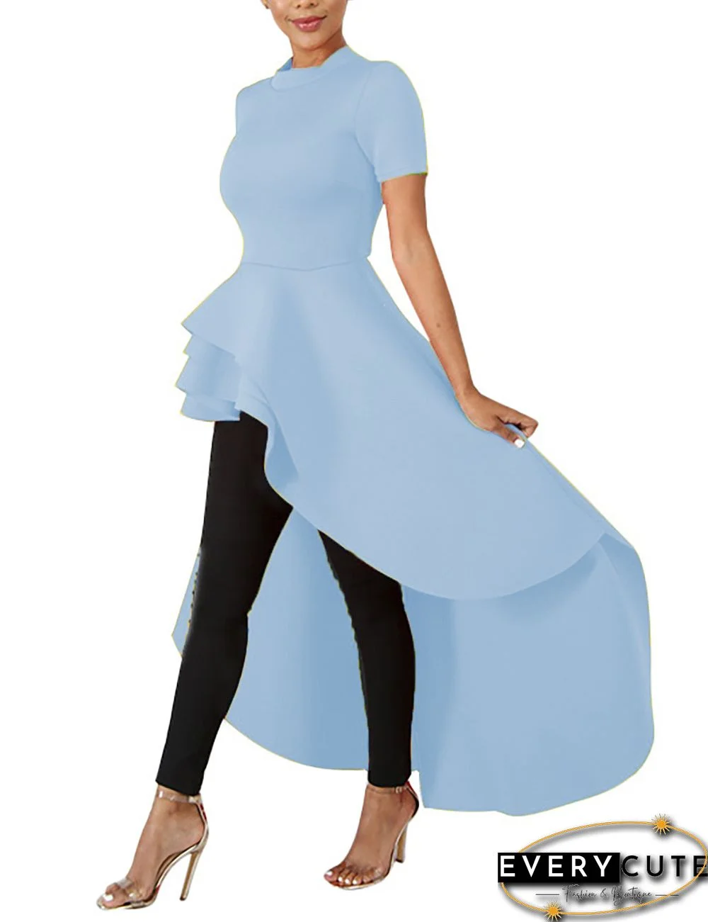 Light Blue Ruffles Hem Short Front Evening Dress