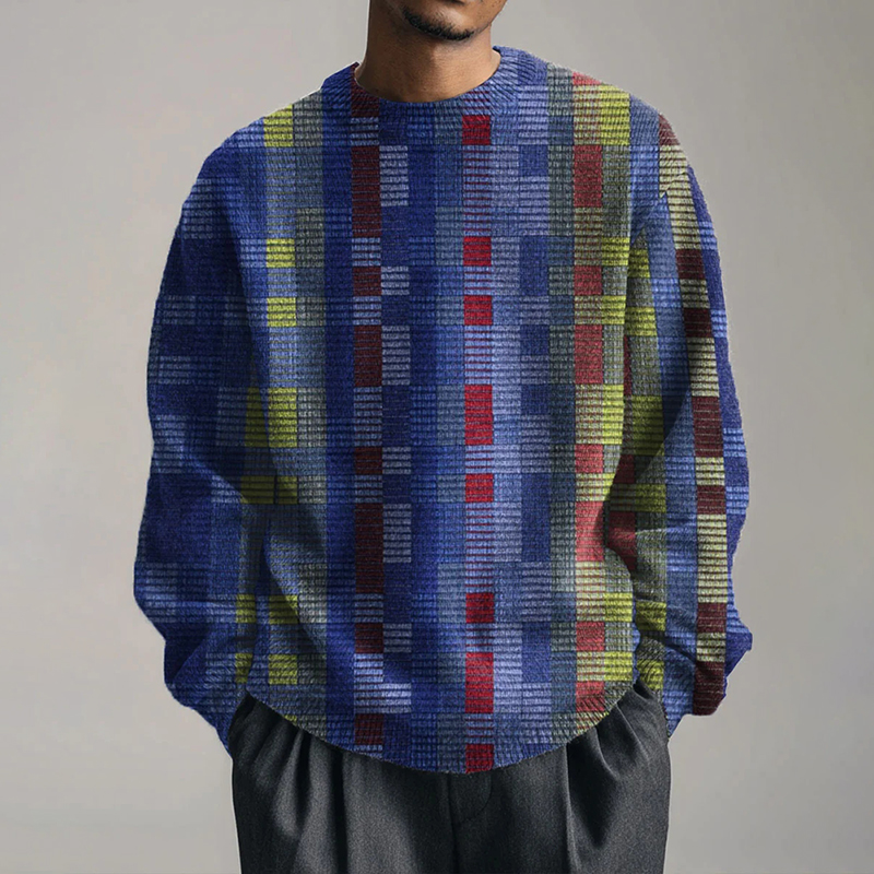 Men's Art Blue Geometric Plaid Print Knit Pullover Sweater