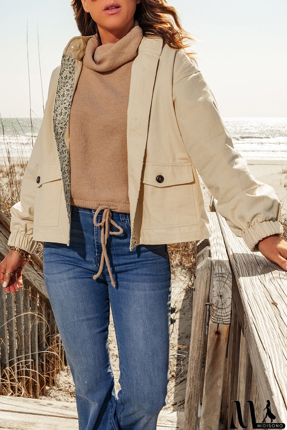 MidiSono - Beige Floral Patchwork Pockets Loose Fit Jacket