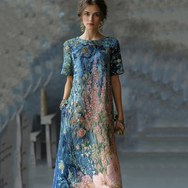 Art Oil Painting Floral Sequin Gradient Maxi Dress