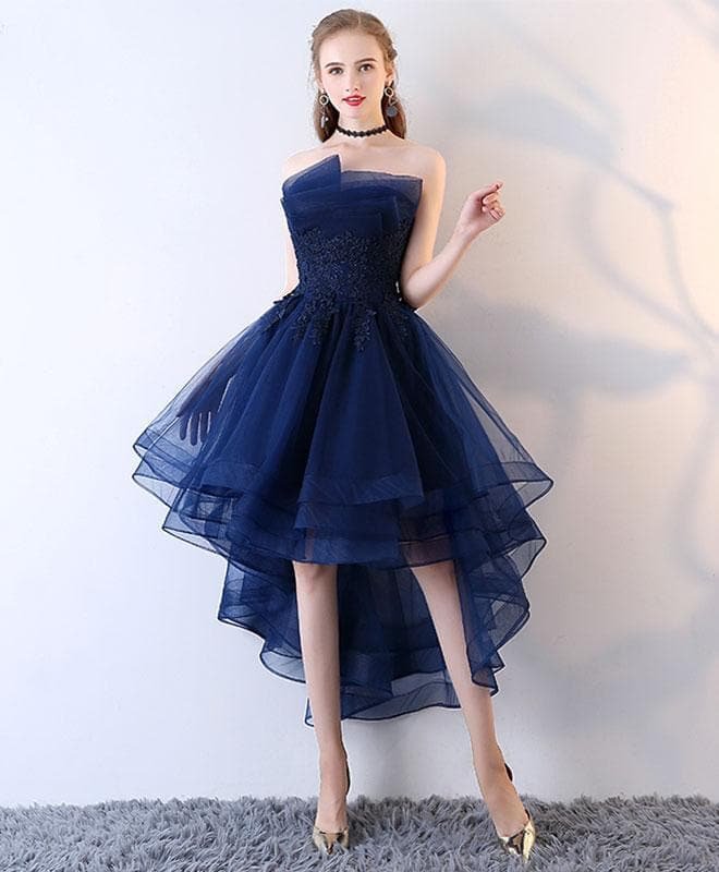 Dark Blue Tulle Short Prom Dress, High Low Evening Dress