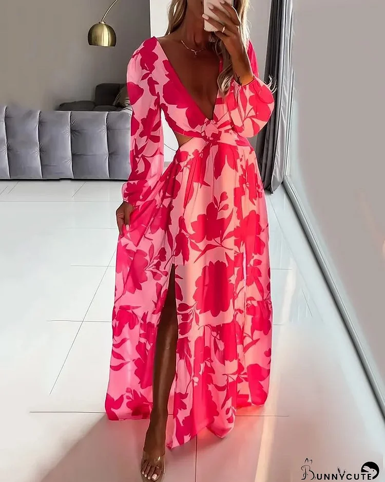 Woman Sexy Lantern Sleeve High Slit Cutout Floral Print Maxi Long Sleeve Party Dress