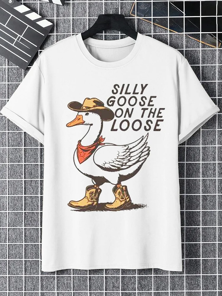 100% Cotton Men's Western Style Silly Goose on the Loose Print Cotton Casual T-Shirt