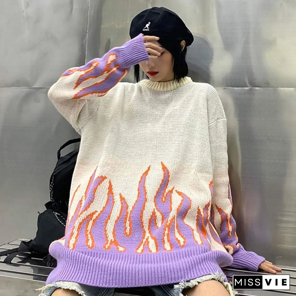 Chic Colorblock Knit Flame Print Sweater