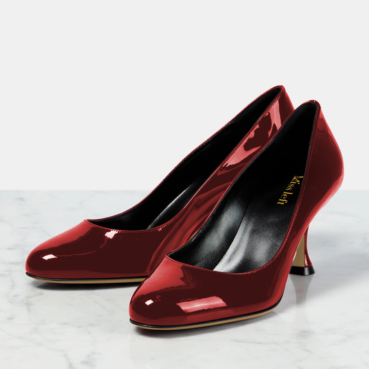 Red Patent Leather Round Toe Spool Heel Slip-On Pumps Shoes Nicepairs