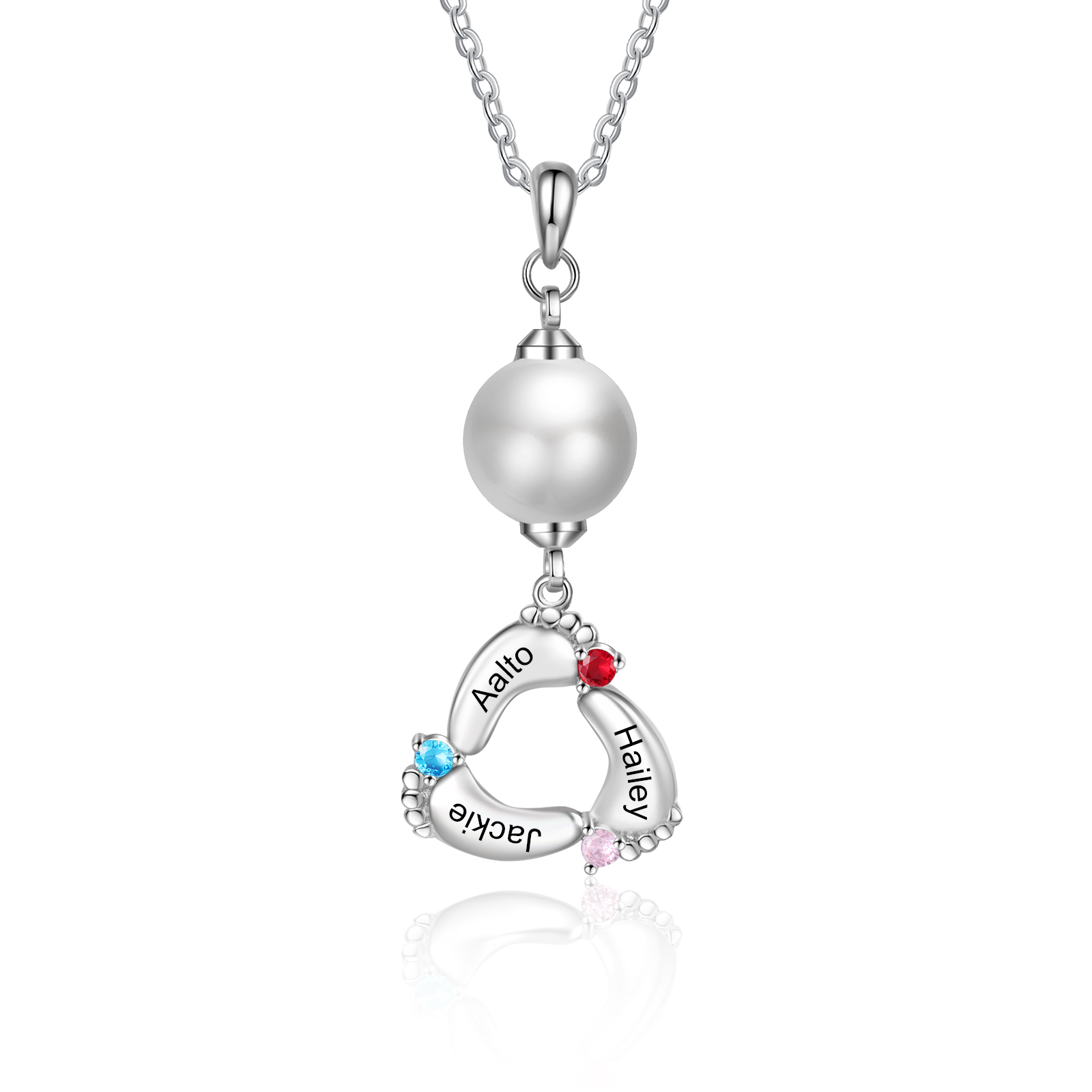 Personalized Baby Feet Pearl Necklace Custom 3 Names & Birthstones