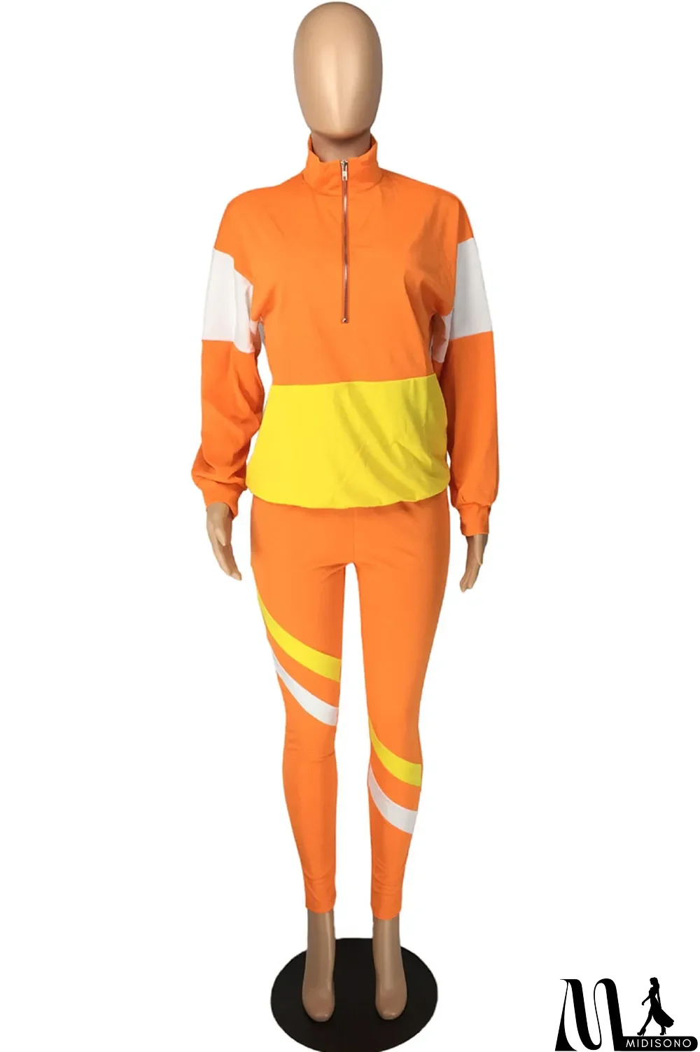 MidiSono - Fluorescent green Casual Striped Print Zippered Split Joint Mandarin Collar Long Sleeve Two Pieces