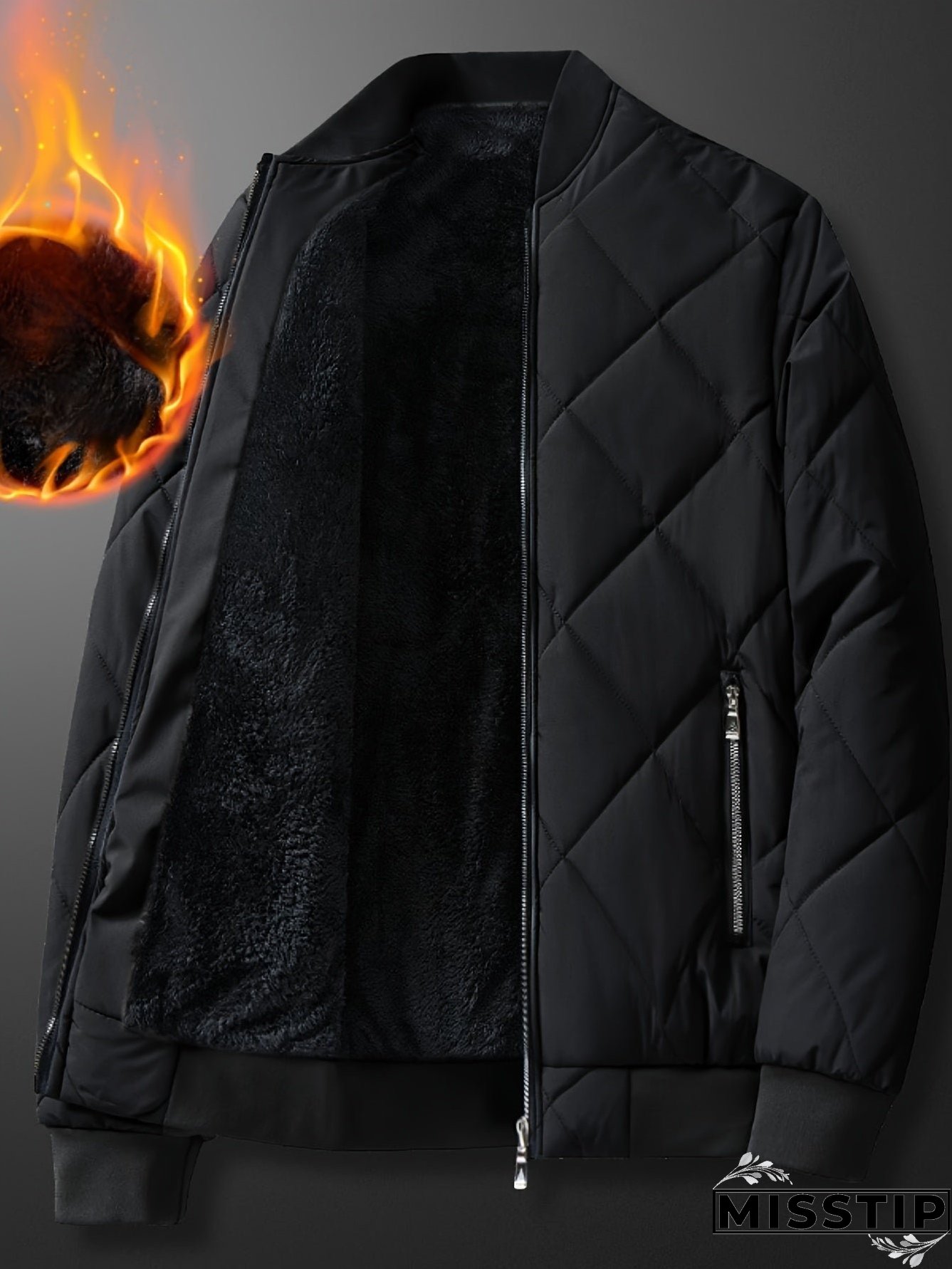 WarmthMax Men's Padded Fleece Jacket - Water-Resistant, Stand Collar, Zip-Up, Zippered Pockets, Breathable, Versatile, and Comfortable for Winter Outdoor Activities, Hiking, Camping, and Daily Wear