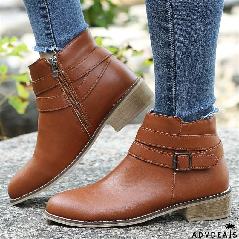 British Style Side Zipper Chunky Heels Metal Buckle Ankle Boots