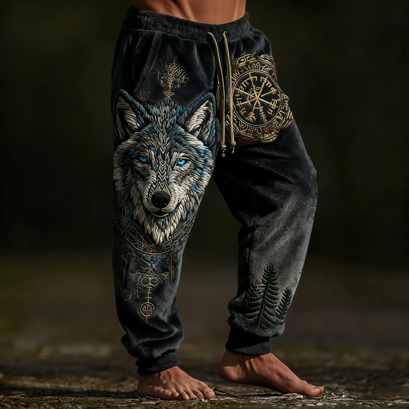 Men's Retro Viking Rune And Wolf Pattern Plush Pants elevenforest