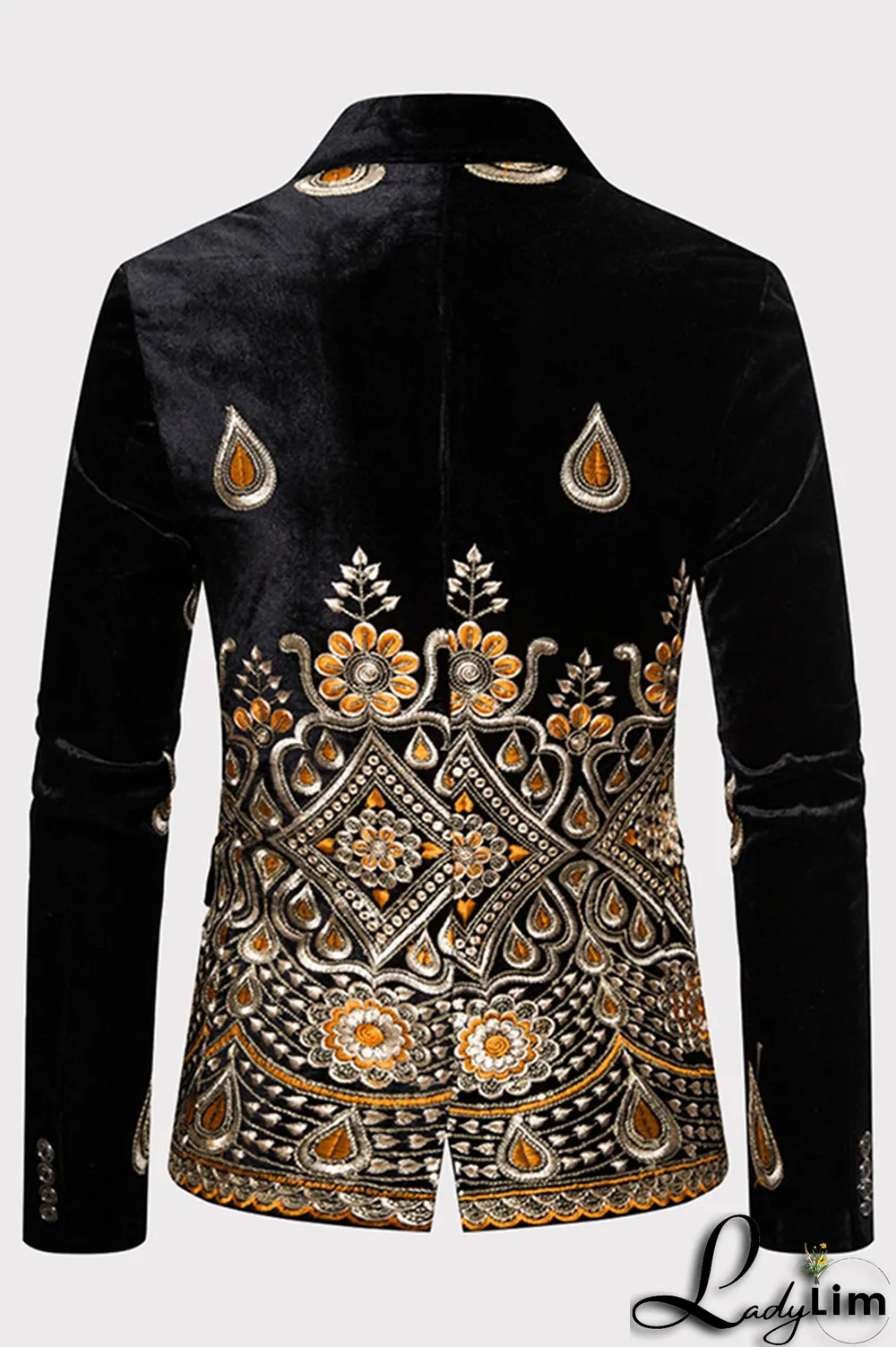 Burgundy Fashion Embroidery Split Joint Buttons Turn-back Collar Outerwear