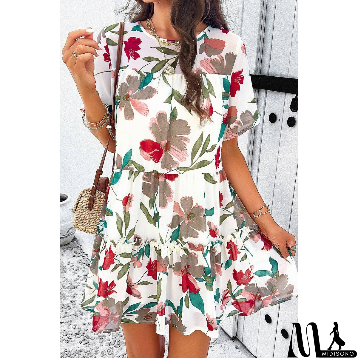 MidiSono - Knot Back Floral Lined Ruffle Loose Dress