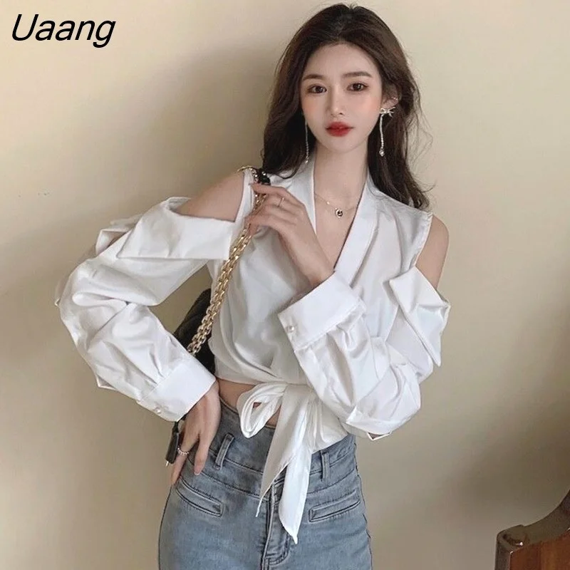 Uaang Women Off-shoulder Design Sexy Solid Simple All-match Classic Newest Stylish Tops Clothing Female Ins V-neck Daily Soft