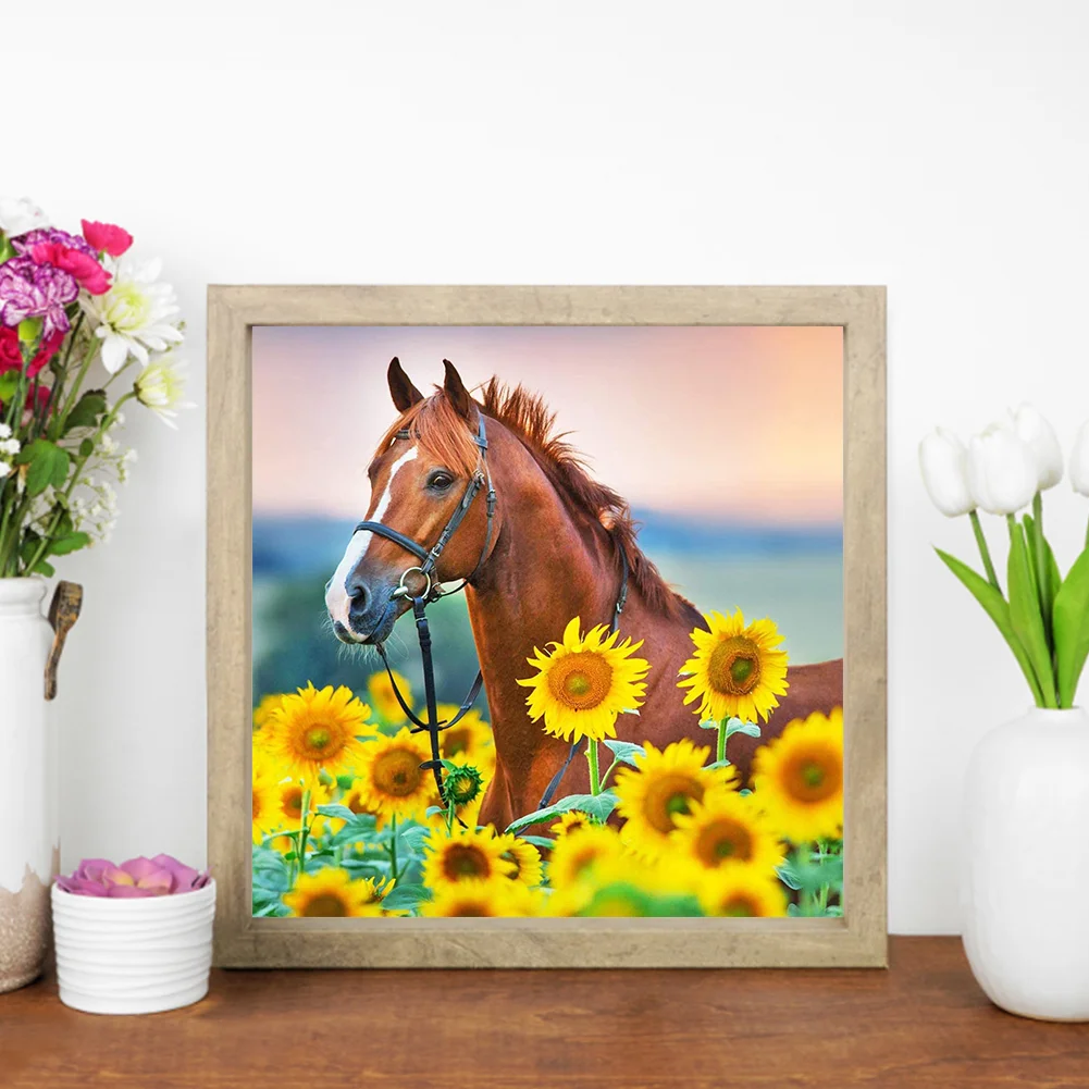 Full Square Diamond Painting 35*35cm - Red Horse In Sunflower Field