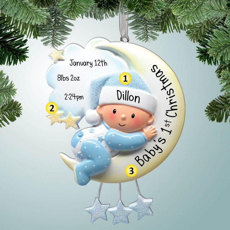 Baby Boy Hugging Moon - Personalized Christmas Ornaments - 1st Christmas baby boy - new baby