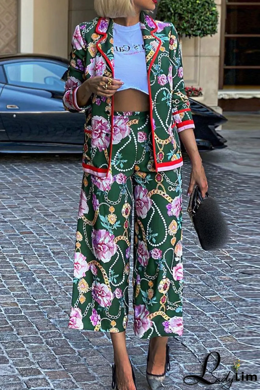 Green Fashion Casual Print Split Joint Buckle Turn-back Collar Long Sleeve Two Pieces