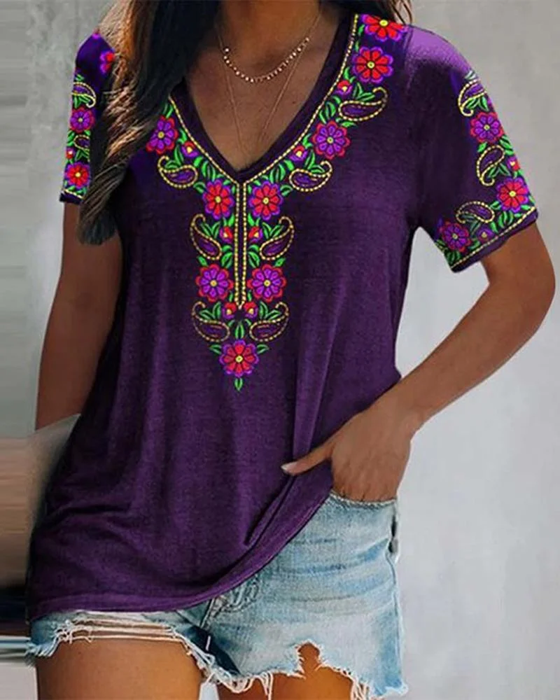 Women's Floral Print Ethnic Style Short Sleeve  T-Shirt-030913