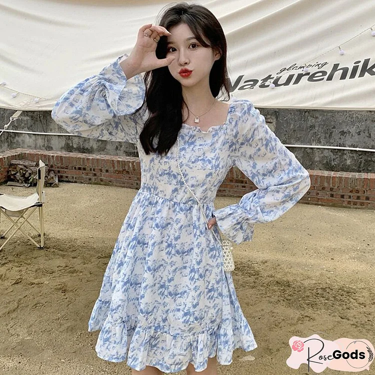 Spring Summer Elegant Print Floral Dress Women All Match Soft Design College Dress Tie Dye Loose Casual Dress Korean New