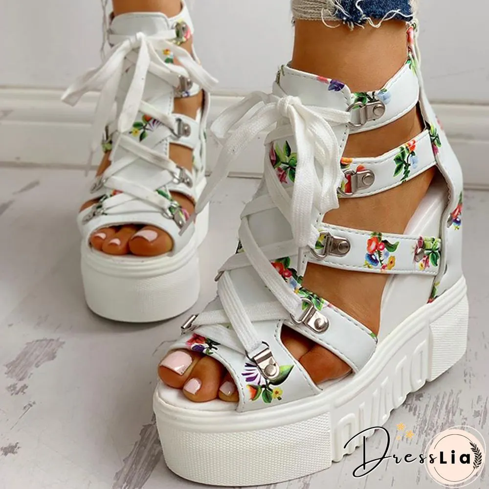 INS Hot Print Leisure Wedges Women's Shoes Summer Shoes Women Sandals Platform Shoelaces High Heels Casual Shoes Woman