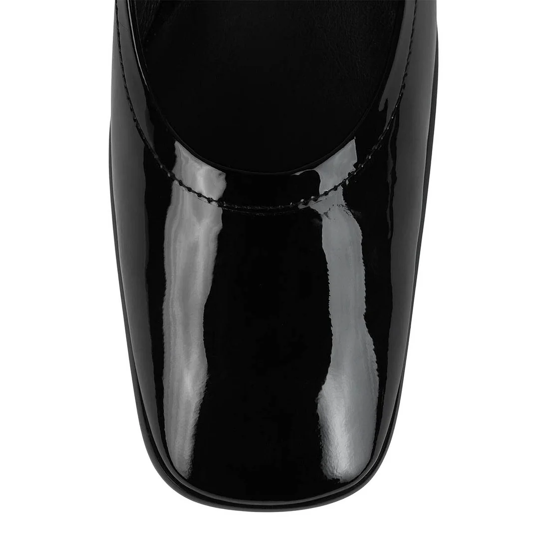 Simple Black Patent Leather Chunky Heel Square Toe Mary Jane Shoes