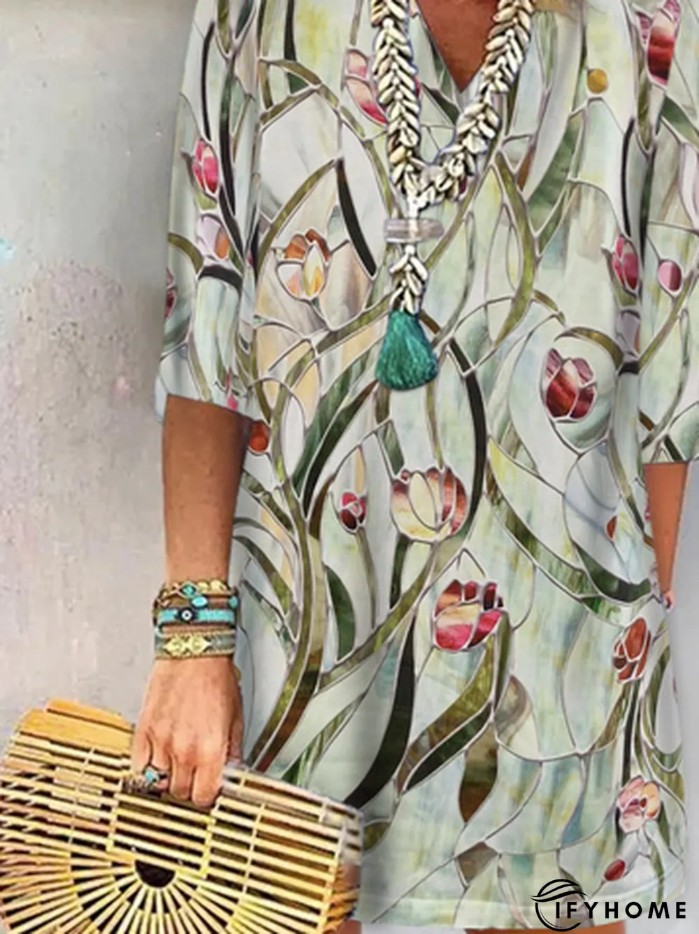 Floral Printed V Neck Loose Half-sleeve Dress | IFYHOME