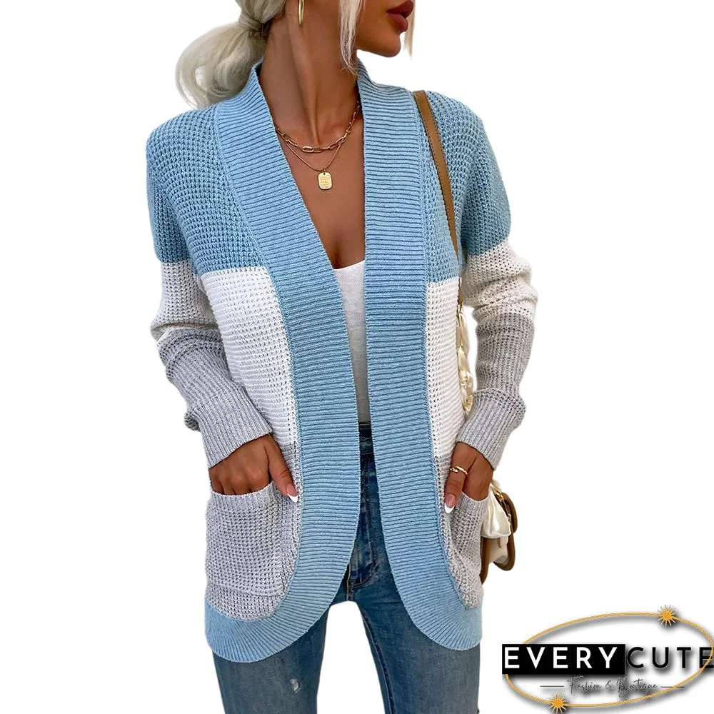 Light Blue Color Block Curve Cardigan with Pockets