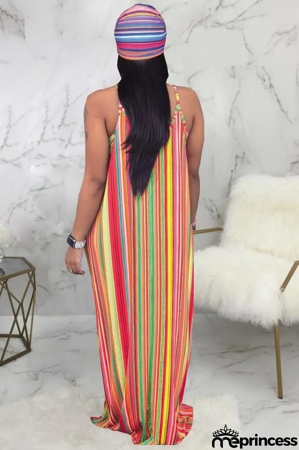 Green Polyester Sexy Fashion Tank Sleeveless Slip A-Line Floor-Length Print asymmetrical Striped Patchwork
