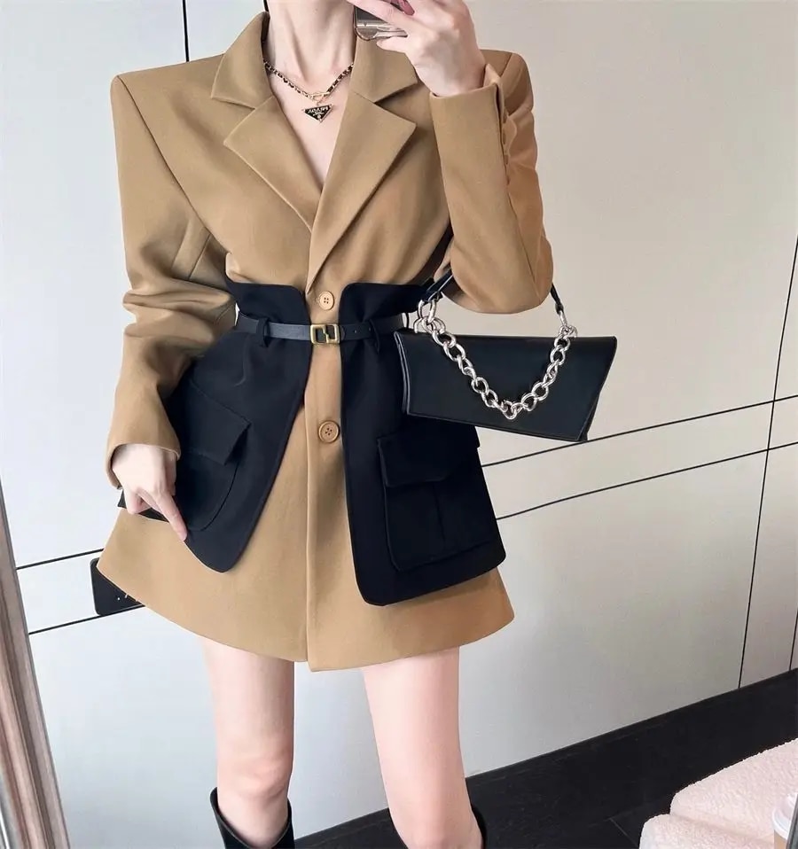 Original Design Blazer Women Fashion New Loose Spliced Pocket Korean Shrug Notched Single Breasted Blazer Mujer Femal with Belt