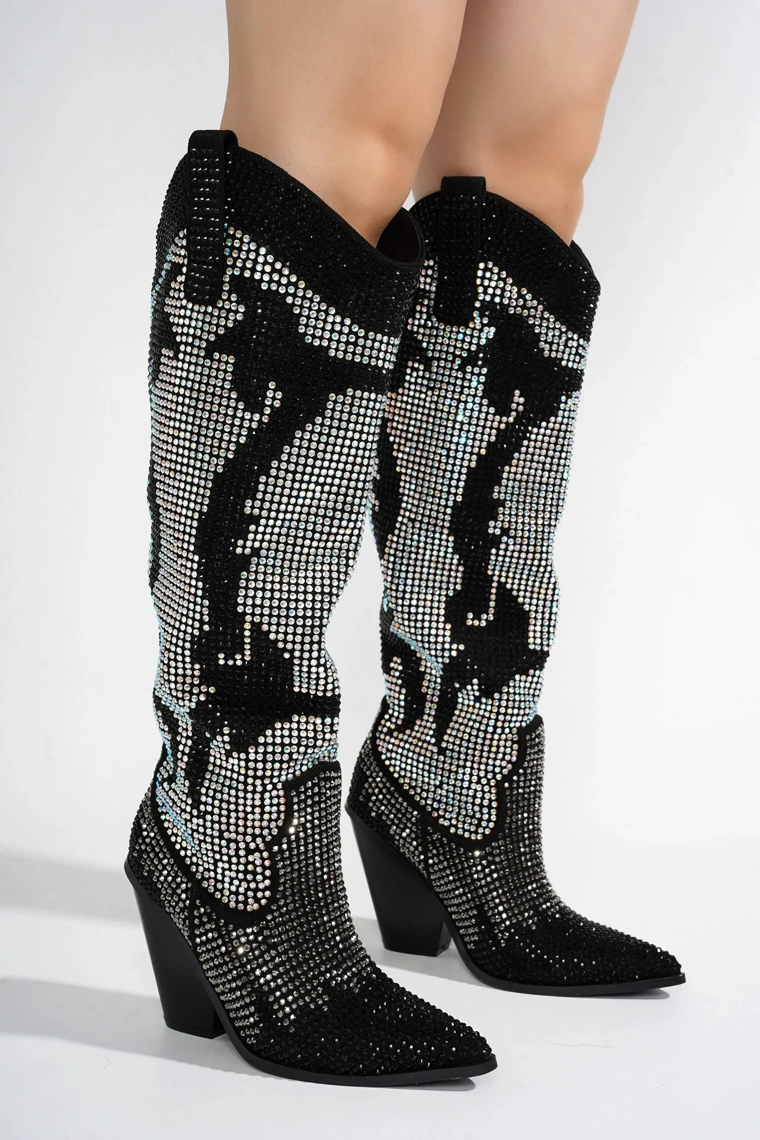 Womens Stacked Cowboy Boots Rhinestone Glitter Shoes Bling Silver Crystal Knee High Chunky Boots