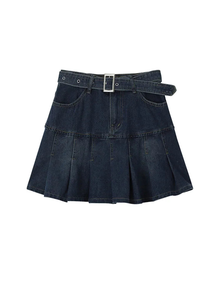 Aiertu Y2k High Waist Denim Mini Pleated Skirts With Belt Women Summer Fashion Retro A Line Skirt Korean Ins Female Casual Skirts Aiertu