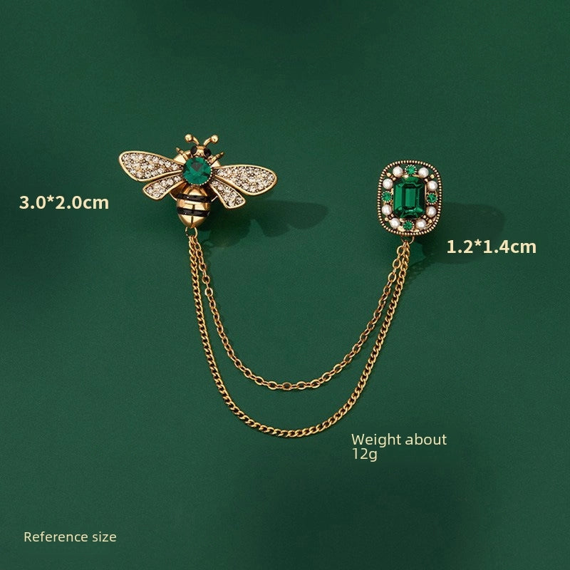 Bee Tassel Brooch Vintage Distinctive Chain Emerald Gem Corsage Collar Pin Suit Jacket Pin Accessories