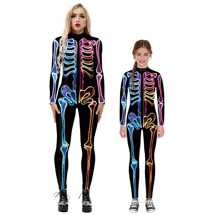 Family Skeleton Halloween Tight Cosplay Costume One-Piece Pajamas