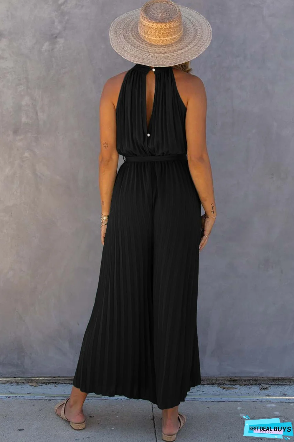Halter Neck Pleated Wide Leg Jumpsuit with Belt