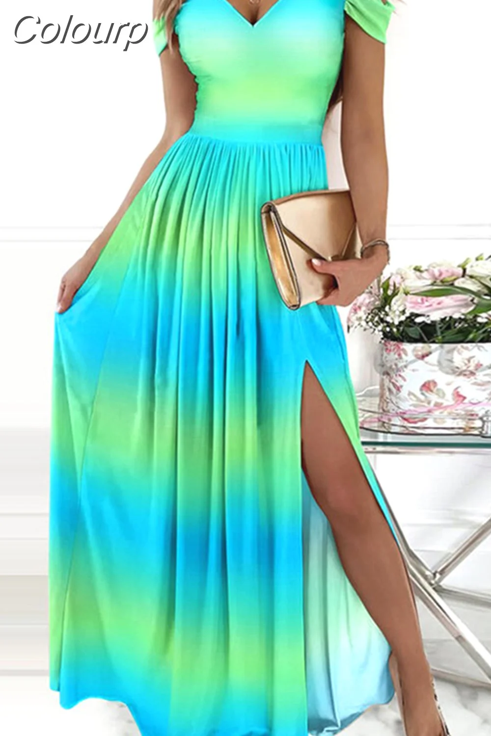 Colourp For Women 2023 Fall Y2K Plants Print Cold Shoulder High Slit Dress Vestido Elegance Maxi Robe Free Shipping