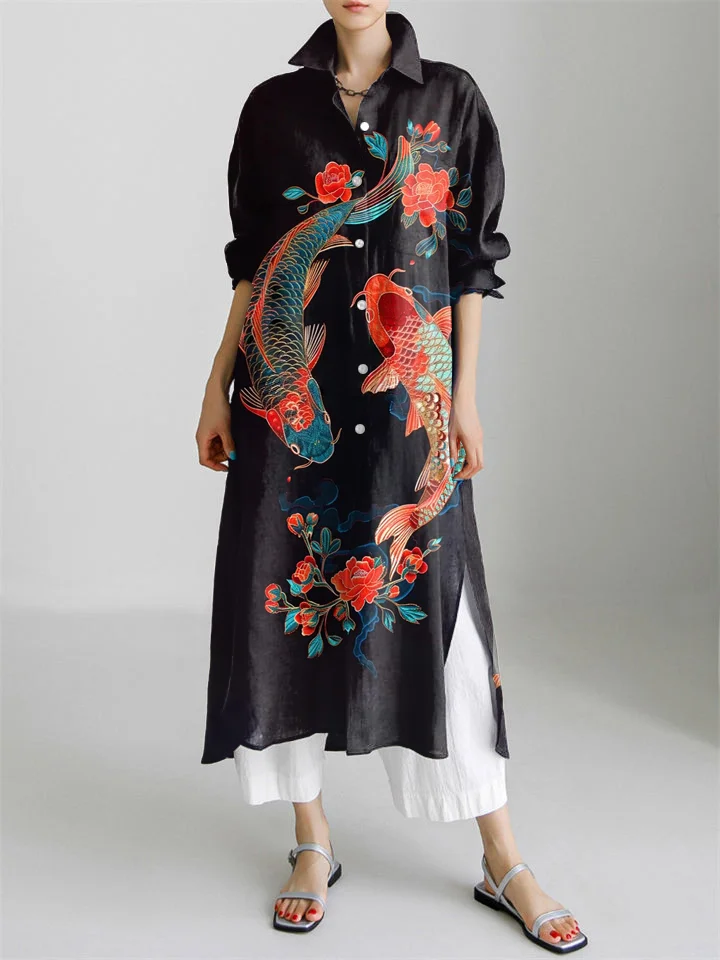 Japanese Art Flower Koi Fish Print Long Sleeve Slit Shirt Dress