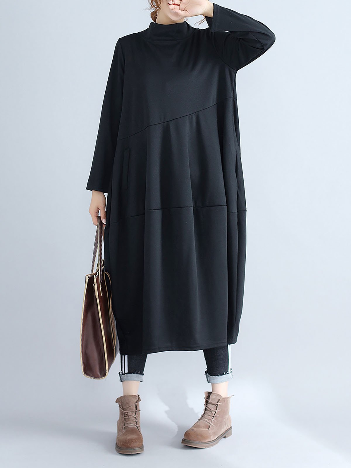 Women Daily Balloon Sleeve Pockets Solid Casual Dress