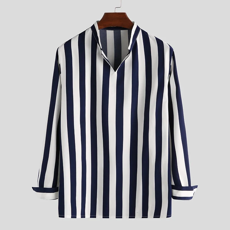 INCERUN Fashion Mens Striped Shirt Loose Breathable V Neck 2022 Streetwear Long Sleeve Casual Brand Shirts Camisas Hombre S-5XL