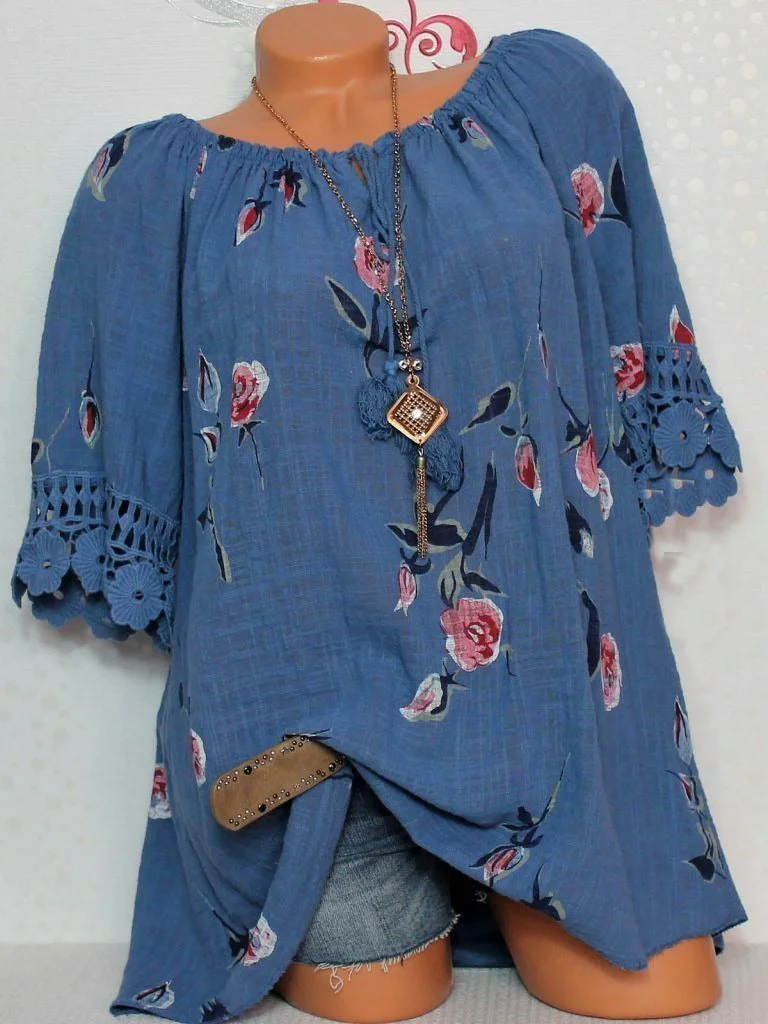 Women Short Sleeve Scoop Neck Floral Print Lace Top