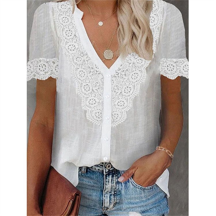 Sexy V-Neck Lace Shirt Blouse 2022 Spring Summer Short Sleeve Ladies Shirt Casual Women Solid Pullover Tops Blusa Streetwear - Life is Beautiful for You - SheChoic