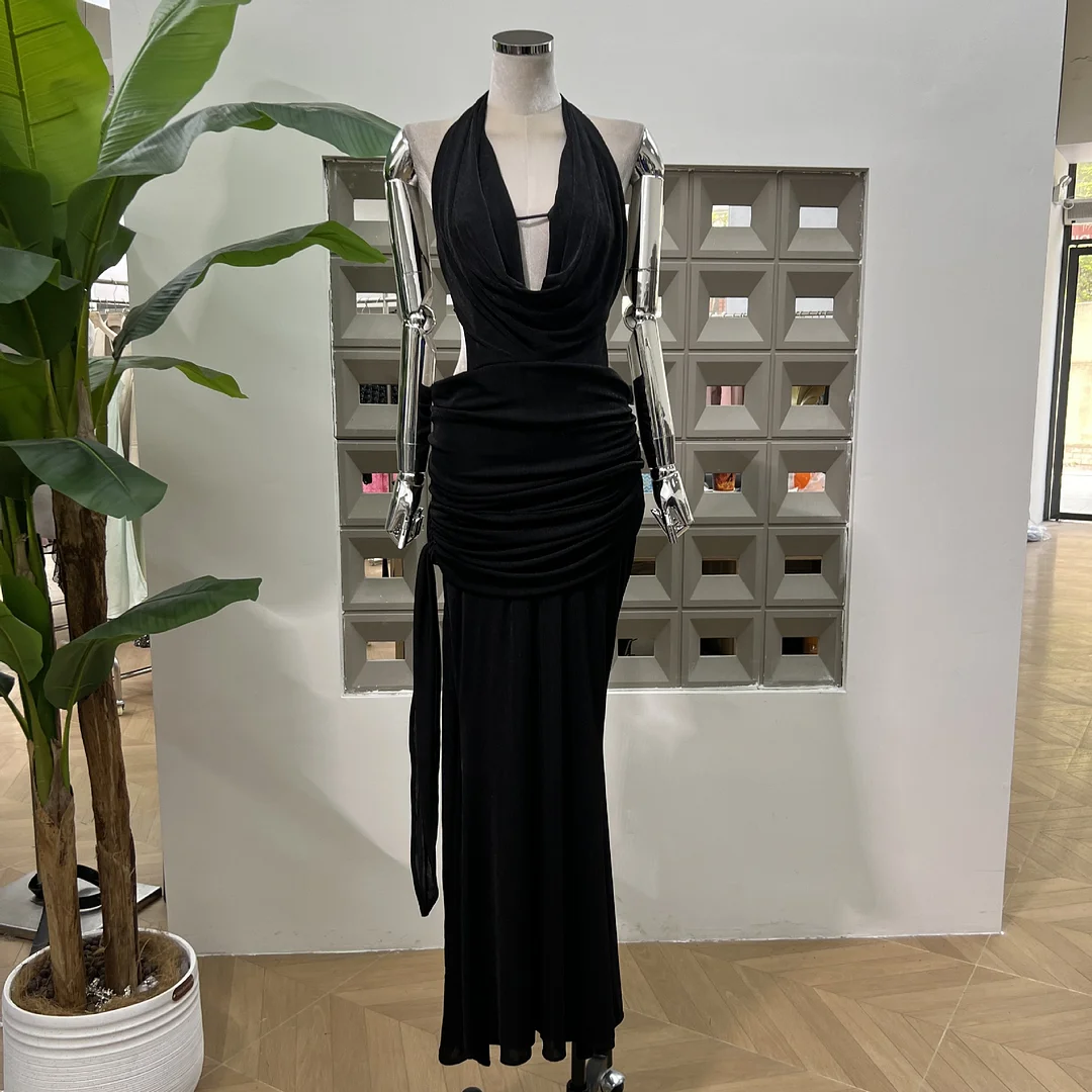 Brownm Hot And Hot Gas Deep V Bare Back Folded Hanging Neck Dress One-Step Dress Carefully Designed Net Red Dating Jerto