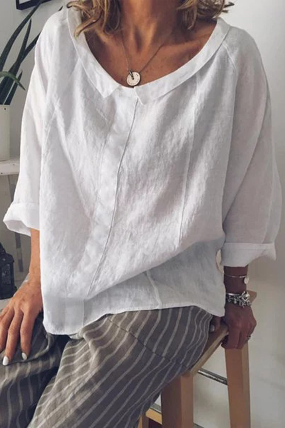 Plus Size Everyday White Cotton Long Sleeve Pullover Blouse 2024 - Flycurvy 