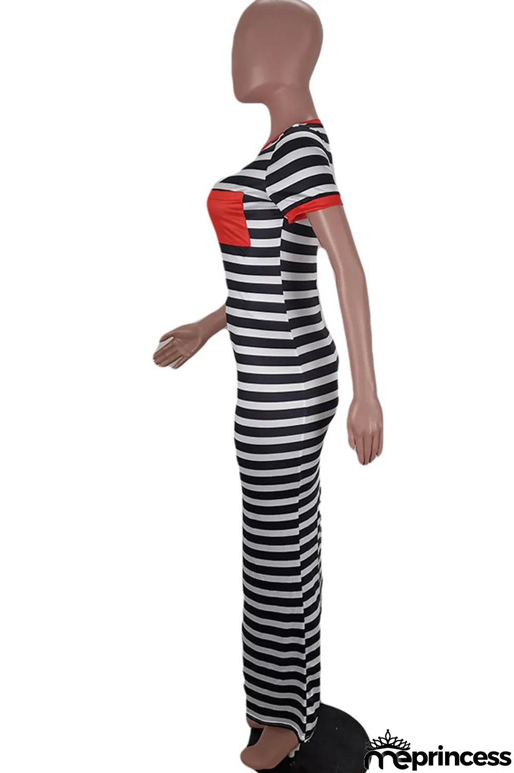 Red Milk. Casual Red Yellow Bat sleeve Short Sleeves O neck Step Skirt Ankle-Length Striped Print Dresses