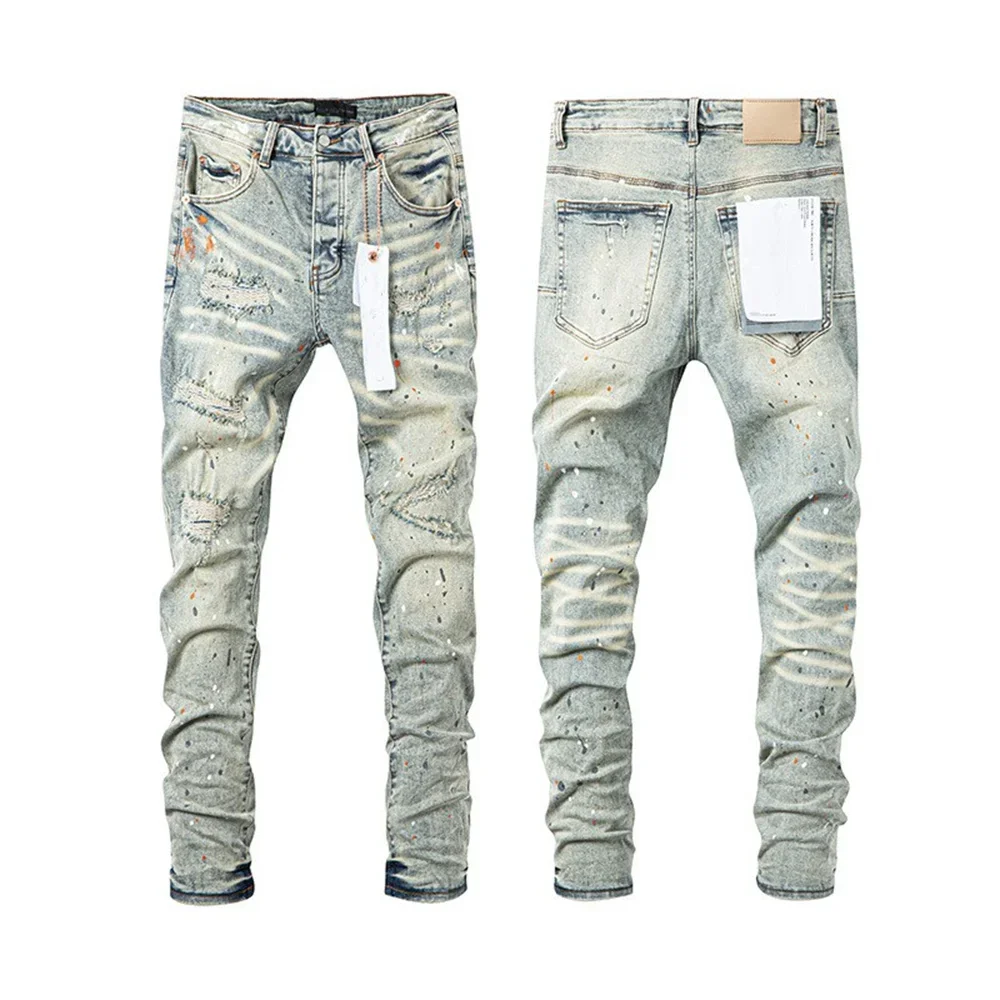 Topographys 25SS New Purples jeans Men high street Retro wash Light blue hole patch trend Stylish low raise Elastic Skinny jeans brand pants