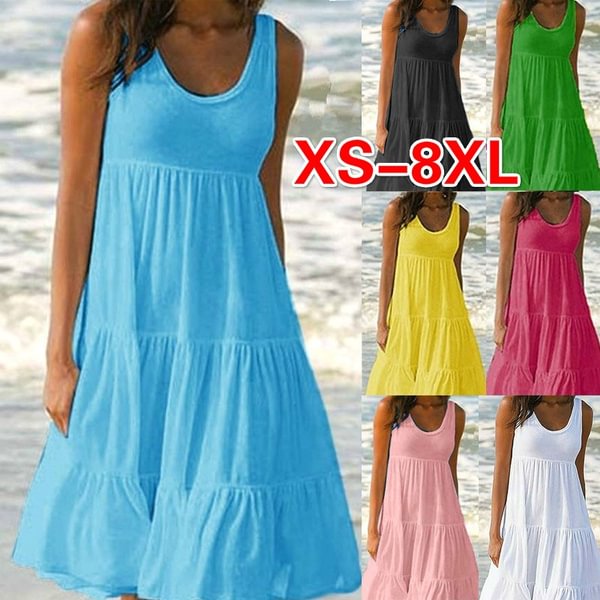 Summer Dresses Plus Size Fashion Clothes Women's Casual Sleeveless Dress Loose Dresses Solid Color A-Line Dress Cotton O-Neck Off Shoulder Halter Pleated Dress Ladies Mini Dress Tank Top Beach Wear Party Dresses Xs-8Xl - BlackFridayBuys