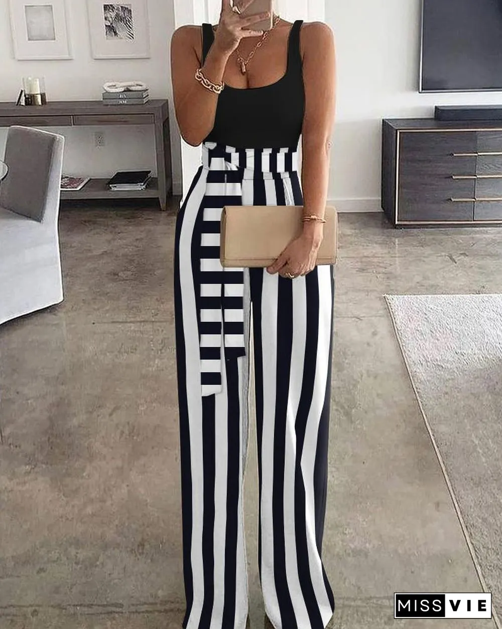 Striped Patchwork Straight Jumpsuit P15579