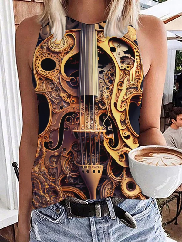 Abstract Cello Art Round Neck Tank Top