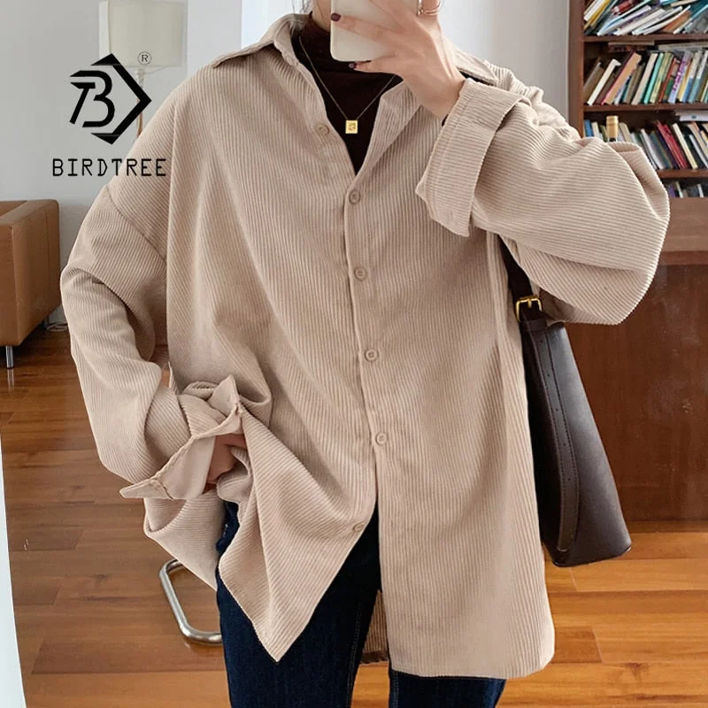Spring New Women Solid Corduroy Vintage Oversized Blouse Turn-Down Collar Button Up Batwing Sleeve Shirt Autumn Casual Tops T0O5